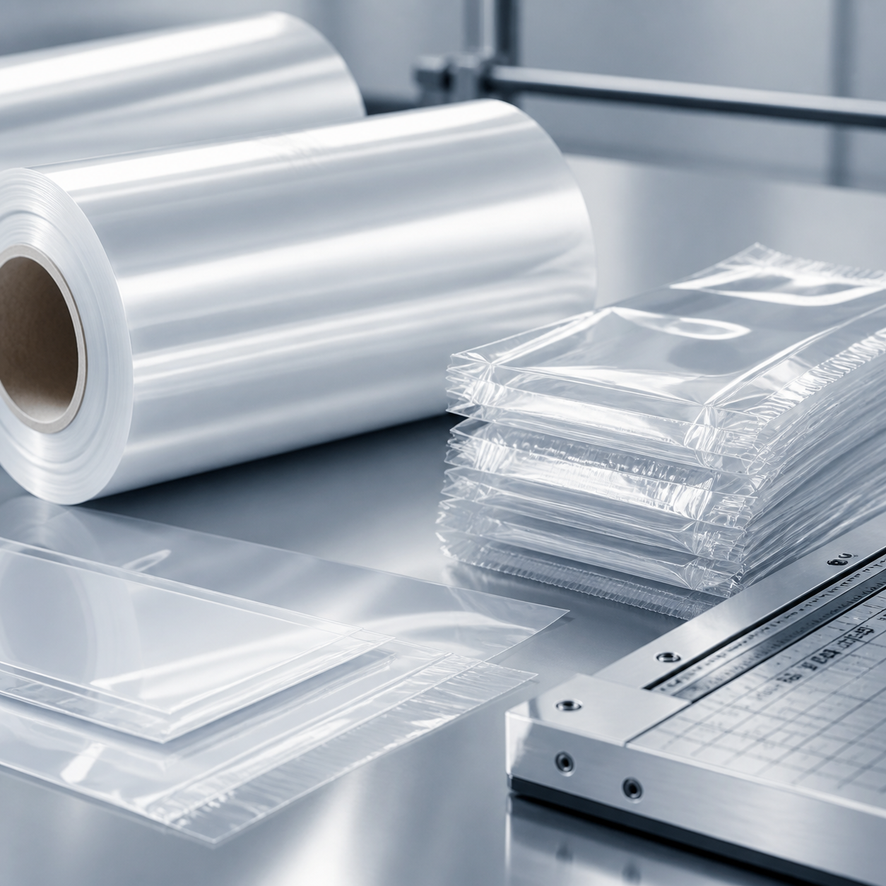 Plastic film and packaging material detail on a clean industrial surface