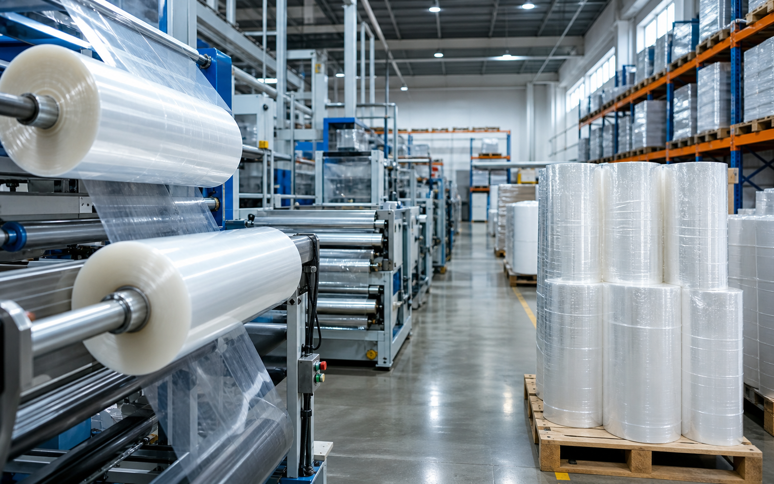 Plastic packaging manufacturing line with film rolls in a clean industrial facility